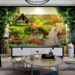 Fotomurales Jardín con flores y una casa