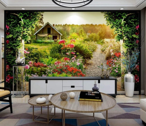 Jardín con flores y una casa Fotomurales Jardín con flores y una casa