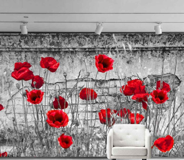 Amapolas rojas contra una pared con textura Fotomurales Amapolas rojas contra una pared con textura