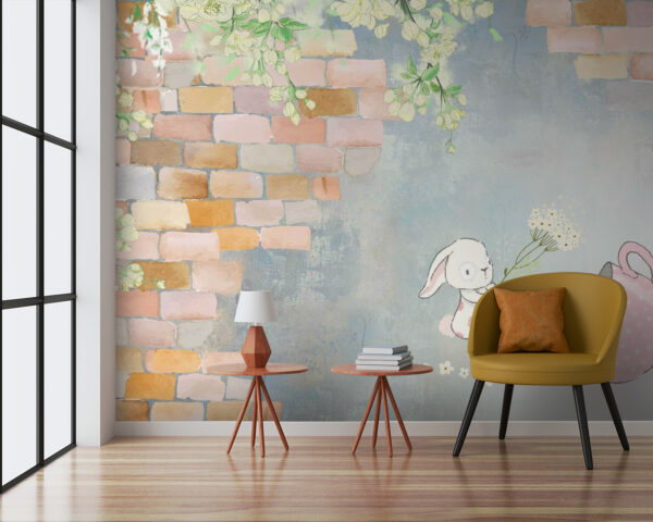 Conejo de dibujos animados y una casa con flores Fotomurales Conejo de dibujos animados y una casa con flores