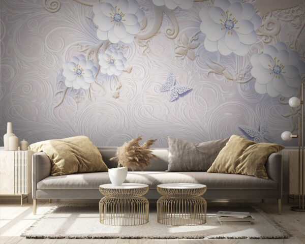 Papel pintado con flores blancas y mariposas Fotomurales Papel pintado con flores blancas y mariposas