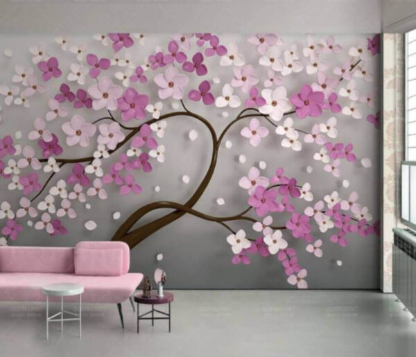 Árbol con flores rosas y blancas Fotomurales Árbol con flores rosas y blancas