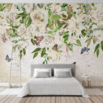 Fotomurales Pintura de flores blancas y mariposas