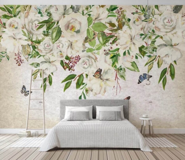 Pintura de flores blancas y mariposas Fotomurales Pintura de flores blancas y mariposas
