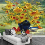 Fotomurales Pintura de un jarrón de flores amarillas y frutas