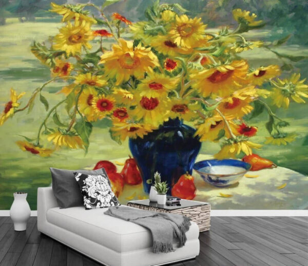 Pintura de un jarrón de flores amarillas y frutas Fotomurales Pintura de un jarrón de flores amarillas y frutas