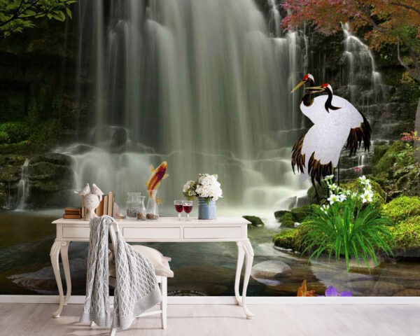 Cascada con pájaros y peces Fotomurales Cascada con pájaros y peces