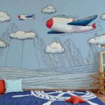 Fotomurales Dibujo animado de aviones sobrevolando montañas