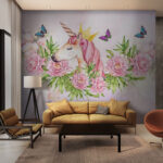 Fotomurales Unicornio con corona y mariposas