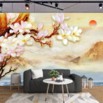 Fotomurales Pintura de una rama con flores y montañas al fondo