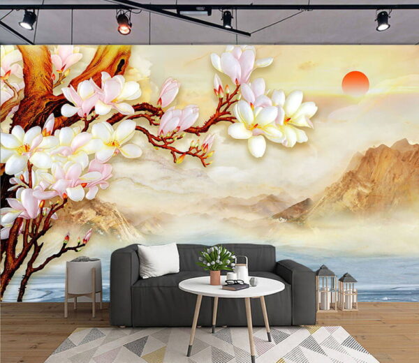 Pintura de una rama con flores y montañas al fondo Fotomurales Pintura de una rama con flores y montañas al fondo