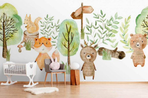 Ilustración en acuarela de animales y árboles Fotomurales Ilustración en acuarela de animales y árboles