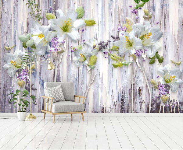 Grupo de flores blancas sobre una superficie de madera Fotomurales Grupo de flores blancas sobre una superficie de madera