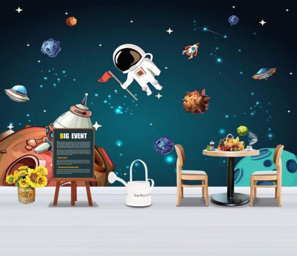 Escena espacial de dibujos animados con planetas y estrellas Fotomurales Escena espacial de dibujos animados con planetas y estrellas