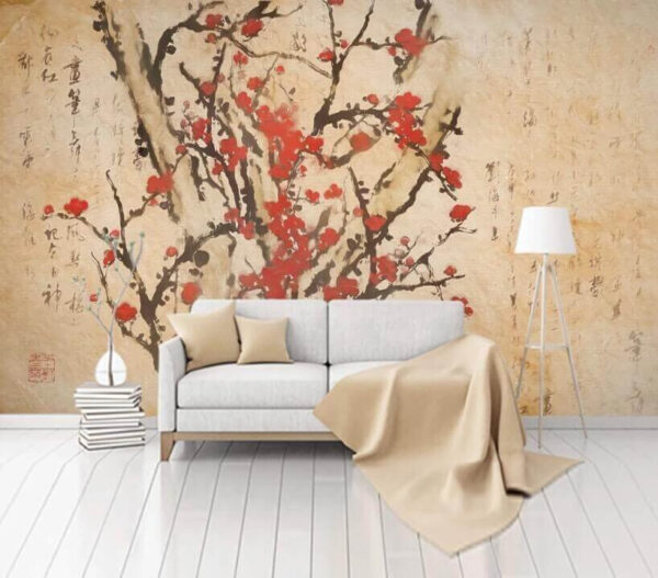 Pintura de un árbol con flores rojas Fotomurales Pintura de un árbol con flores rojas