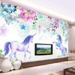 Fotomurales Unicornios y flores de acuarela
