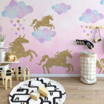 Fotomurales Unicornios y nubes con corazones y nubes