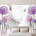 Fotomurales Papel pintado con flores moradas y mariposas