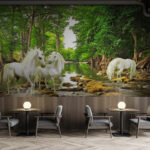 Fotomurales Grupo de unicornios blancos en un río