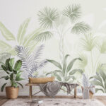 Fotomurales Ilustración de hojas tropicales en tonos suaves.