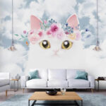 Fotomurales Gato blanco con corona floral, cielo.