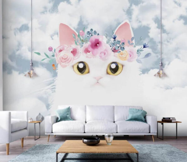 Gato blanco con corona floral, cielo Fotomurales Gato blanco con corona floral, cielo