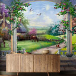 Fotomurales Pintura de un paisaje con un caballo y una casa