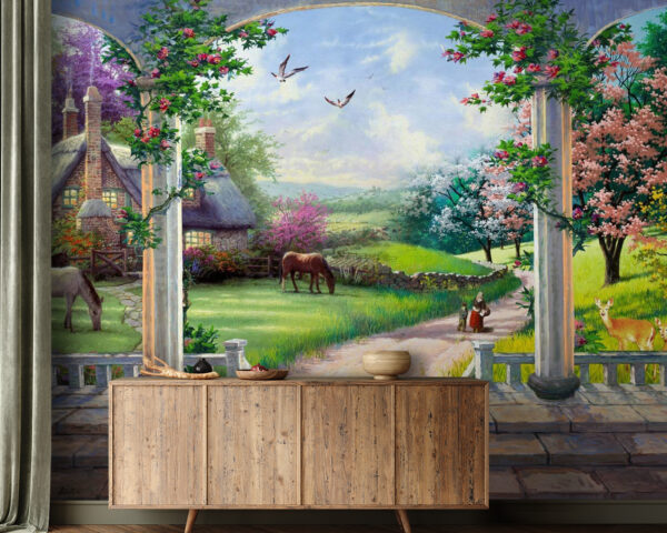Pintura de un paisaje con un caballo y una casa Fotomurales Pintura de un paisaje con un caballo y una casa