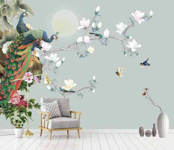 Pájaro en una rama con flores y pájaros Fotomurales Pájaro en una rama con flores y pájaros
