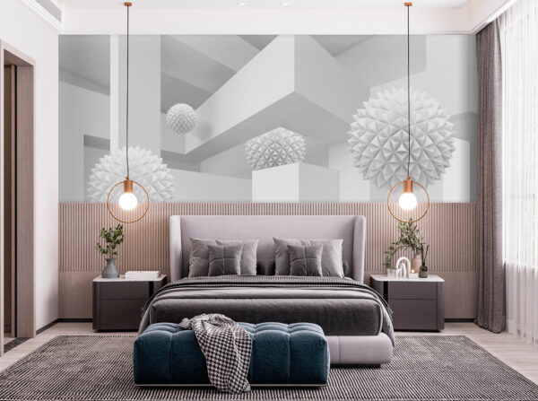 Habitación blanca con bolas blancas Fotomurales Habitación blanca con bolas blancas