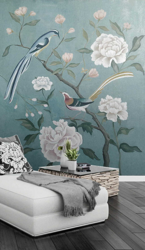 Pintura de pájaros en una rama con flores Fotomurales Pintura de pájaros en una rama con flores