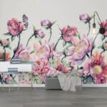 Fotomurales Pintura en acuarela de flores y una mariposa
