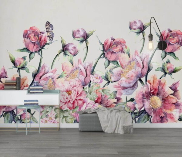 Pintura en acuarela de flores y una mariposa Fotomurales Pintura en acuarela de flores y una mariposa