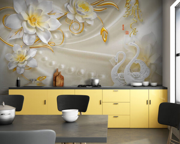 Papel pintado con cisnes y flores Fotomurales Papel pintado con cisnes y flores