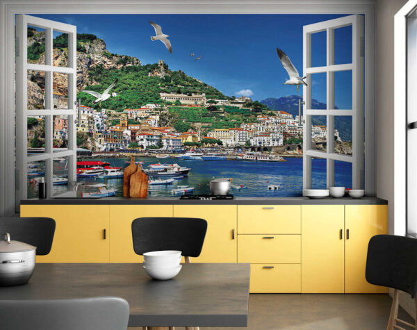 Ventana con vistas a una ciudad y a barcos Fotomurales Ventana con vistas a una ciudad y a barcos