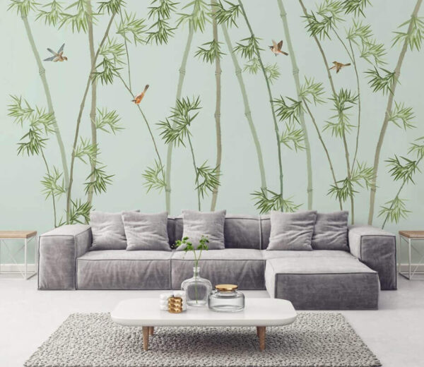Papel pintado con ramas de bambú y pájaros Fotomurales Papel pintado con ramas de bambú y pájaros