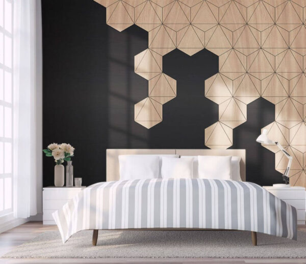 Madera y fondo negro con hexágonos Fotomurales Madera y fondo negro con hexágonos
