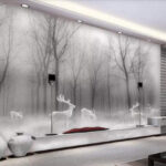 Fotomurales Grupo de ciervos blancos en un bosque con niebla
