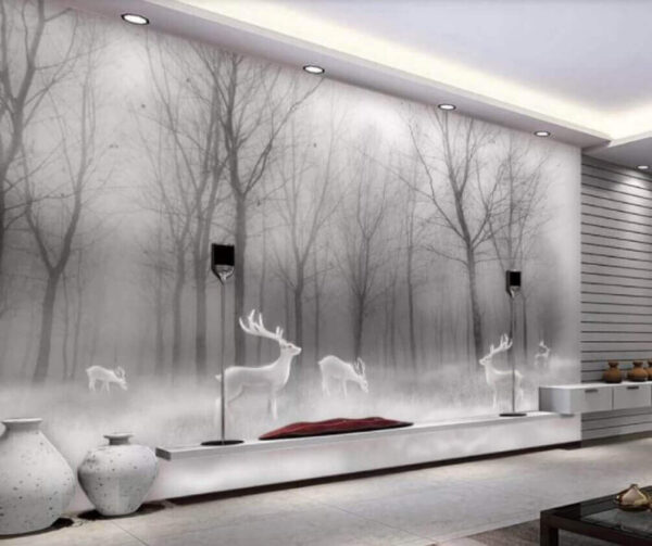 Grupo de ciervos blancos en un bosque con niebla Fotomurales Grupo de ciervos blancos en un bosque con niebla