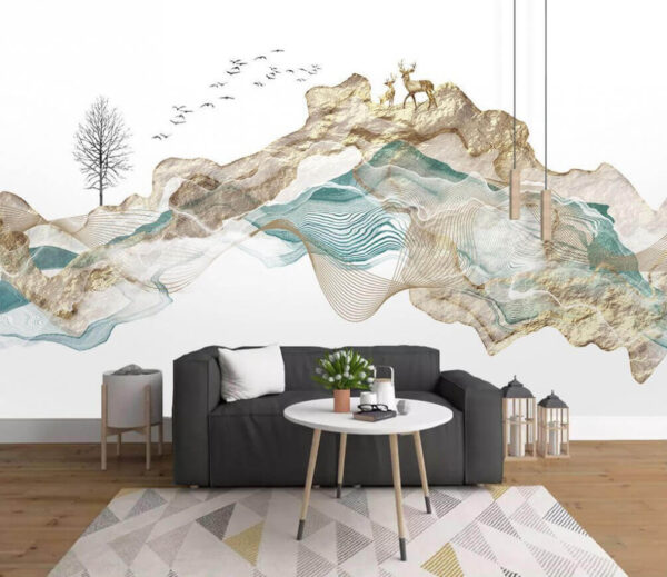 Pintura de una montaña con pájaros volando Fotomurales Pintura de una montaña con pájaros volando