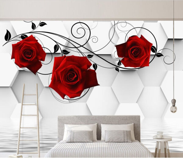 Papel pintado con rosas rojas y enredaderas negras Fotomurales Papel pintado con rosas rojas y enredaderas negras