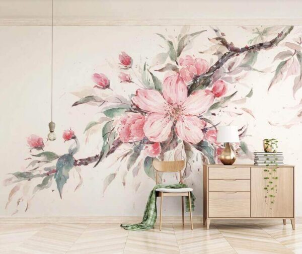 Pintura de flores rosas en una rama Fotomurales Pintura de flores rosas en una rama