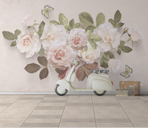 Delicadas rosas con mariposas bailarinas Fotomurales Delicadas rosas con mariposas bailarinas