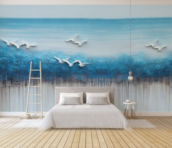 Pintura de pájaros volando sobre un océano azul Fotomurales Pintura de pájaros volando sobre un océano azul