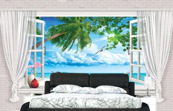 Ventana con vistas a la playa y a los pájaros Fotomurales Ventana con vistas a la playa y a los pájaros