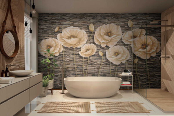 Amapolas en una pared con textura Fotomurales Amapolas en una pared con textura