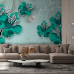 Fotomurales Flores turquesas con detalles brillantes.
