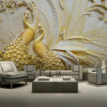 Fotomurales Elegantes pavos reales en intrincado relieve