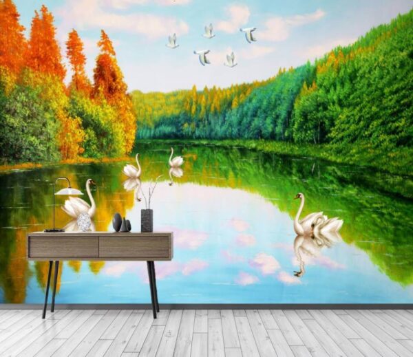 Pintura de cisnes en un lago Fotomurales Pintura de cisnes en un lago