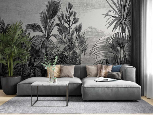 Dibujo en blanco y negro de un bosque tropical Fotomurales Dibujo en blanco y negro de un bosque tropical